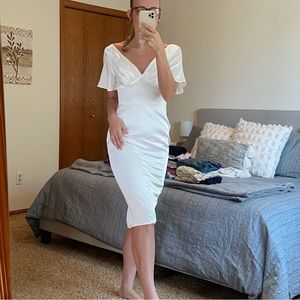 Flutter Sleeve V-Neck Elegant Midi Dress with Buttons Down Back